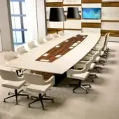 Exclusive 4 Mariani President Conference table with black melamine and darker wood veneer, complemented by saddle leather detailing