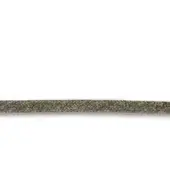 Woven cord, gray and beige, tightly braided ribbon with circular profile, matte texture, consistent pattern, durable material, white background.
