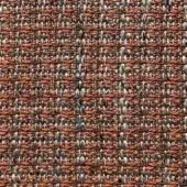 Woven fabric texture, reddish-brown with gray and off-white speckles, dense looped weave, horizontal pattern, fabric label visible.