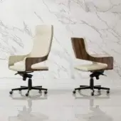 Distinguished 4 Mariani Silhouette armchair with dark brown satin wood shell and light beige fabric upholstery with a black metal swivel base