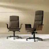 Distinguished 4 Mariani Wing armchair with dark brown woven textile upholstery and a metallized-black swiveling base