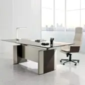 Elegant 4 Mariani De-Symetria desk with dark veneered wood, polished chrome steel, and saddle leather detailing in a satin finish