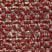 Woven tweed fabric with rust red and beige yarns in an irregular pattern, exhibiting a dense, matte, nubby texture; label reads “presotto tav117b”.