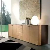 Distinguished 4 Mariani De-Symetria sideboard with light brown veneer, dark melamine, saddle leather detailing and polished aluminum hardware crafted in Italy