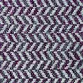 Herringbone fabric texture with white, dark gray, and blackcurrant purple threads in a dense diagonal weave, displaying a tactile, slightly irregular surface.
