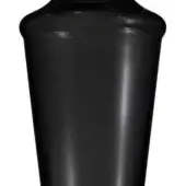 Black Murano glass vase, hourglass shape, glossy finish, studio shot, smooth surface reflecting light gradients, tapered base, elegant silhouette.