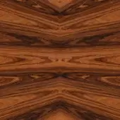 Santos Radiale wood texture, symmetrical kaleidoscope pattern, warm brown tones, polished surface, geometric arrangement with embedded text.