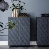 Superior Cattelan Italia Tiffany cupboard with quilted eco-leather upholstery in a muted blue-gray tone and recessed handles