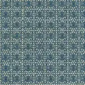 Teal and cream striped fabric sample with a complex woven texture, speckled with knots; durable material for upholstery or drapery.