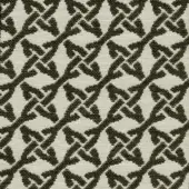 Krystal Nero fabric, geometric pattern with olive-green threads on cream, featuring intersecting diagonal lines and bead-like detailing.