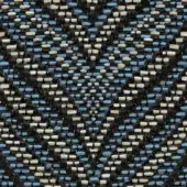 Roberti rattan fabric sample, black base with irregular blue and off-white rectangular shapes, dense nubby weave, mottled organic texture.