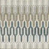 Geometric textile with chevron pattern in off-white, light gray, beige and blue, featuring a dense, woven horizontal row structure.
