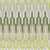 Geometric woven textile with white, lime green, and beige yarns featuring vertically oriented ovals and a dense warp thread network.