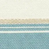 Woven textile sample, off-white and blue, layered stripes with linear, looped cord and chevron patterns from Roberti rattan fabrics.