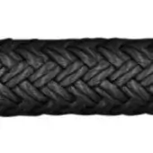Black rope braid with herringbone weave against white backdrop, matte finish, cylindrical shape, consistent texture, nautical style.