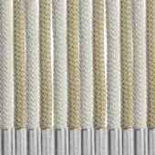 Rope cylinders in white, beige, tan, and clay tones arranged against a silver backdrop, featuring twisted texture and polished metal bases.