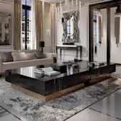 Exclusive Reflex Belle Epoque coffee table with nero beluga lacquered glass tabletop and satin brass finished wooden base