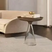 Distinctive Reflex Accademia side table with bronze mirror glass tabletop and brushed brass base in an hourglass silhouette