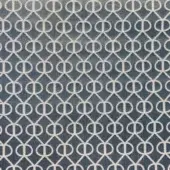 Geometric rug with interlocking circles and vertical lines in muted blue-gray, beige outlines, woven texture, indoor fabric RR519.