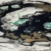 Abstract artwork with swirling black, gold, and turquoise pigments, layered to create a marbled, fluid pattern on a white background.