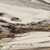 Rug, painted wood, abstract design in white, gray, black, and gold tones with broad brushstrokes and layered texture.