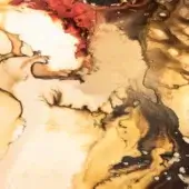 Alcohol ink abstract, gold and red marbled pattern on white, featuring flowing lines and translucent, layered textures resembling organic formations.