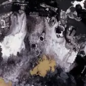 Abstract rug with dark gray, white, and gold swirling patterns resembling alcohol ink on painted wood, displaying marbled textures.
