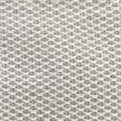 Woven rug, off-white and gray, with a dense grid pattern and nubby texture, suitable for outdoor use; studio lighting.