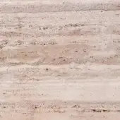 Travertine stone texture with horizontal bands of beige and reddish-brown, layered strata, and irregular pits creating a matte, earthy surface.