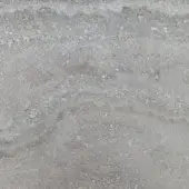 Travertine stone texture with mottled gray and beige tones, displaying granular composition, horizontal striations, and matte finish.