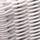 White rope rug with horizontal undulating lines, coarse texture, and visible knots, showcasing dense woven fiber construction against a light backdrop.