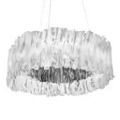 Silver suspension lamp, Slamp Accordeon model, with layered pleated design and metallic sheen, suspended by thin cables against a white background.