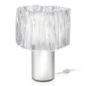 Slamp Accordéon Prisma table lamp, silver translucent panels, cylindrical base, modern sculptural design, reflective metallic finish.
