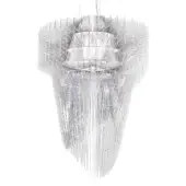 Slamp Aria chandelier, translucent silver rods, layered conical form with geometric and flowing elements, suspended from wires.