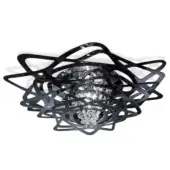 Slamp Aurora ceiling light, black metal framework, faceted crystal clusters, three-tiered asymmetrical design, diffused studio lighting.