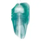 Slamp Avia pendant lamp, turquoise translucent blades, cascading layered jellyfish form, clear glass sphere, studio white background.
