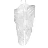 Slamp Avia pendant lamp, white translucent acrylic, cascading layered fins with cylindrical core, suspended by thin wires.