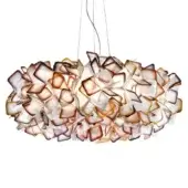 Slamp Clizia suspension lamp in orange, featuring overlapping translucent petal shapes with cream, orange, and brown gradients.