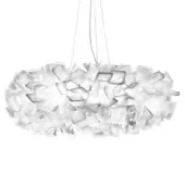 Slamp Clizia suspension lamp, translucent white, fragmented petal-like structure suspended by silver cables against a white backdrop.