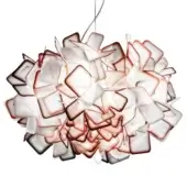 Clizia suspension lamp, translucent acrylic, spherical shape with layered white and orange elements, studio lighting, diffused glow.