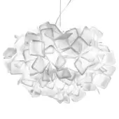 Slamp Clizia suspension lamp, white translucent plastic, organic overlapping petal modules suspended from thin wires, sculptural form.