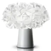 Slamp Clizia table lamp, white finish, conical base with translucent fractured shade, modern design, studio product shot.