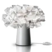 Slamp Clizia table lamp, silver metal base, gray translucent acrylic canopy, tree-like form, diffused light, studio shot.
