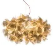 Slamp Clizia Mama Non Mama suspension lamp, gold translucent petals, overlapping organic shape with red suspension cord.