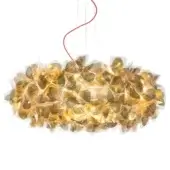 Slamp Clizia Mama Non Mama lamp, gold translucent petals, organic cloud shape, single red suspension cord, studio lighting.