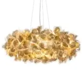 Slamp Clizia Mama Non Mama lamp, gold finish, cloud-shaped with translucent overlapping petal elements suspended by thin cables.