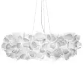 Slamp Clizia Mama Non Mama lamp, white molded plastic, horizontal petal arrangement with diffused light and transparent suspension cables.