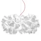 Slamp Clizia Mama Non Mama suspension lamp, white translucent petals, layered cloud shape with gray core and red cord.