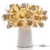Slamp Clizia Mama Non Mama table lamp, white base, gold translucent leaves, organic sculptural form, speckled texture, studio shot.