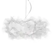 Clizia Pixel suspension lamp, translucent plastic, cloud-like form with perforated petal layers and chrome curved support arm.